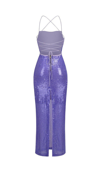 SEQUIN BACKLESS MAXI DRESS IN PURPLE