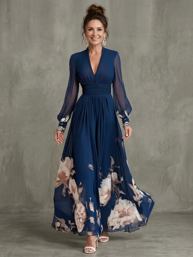 Navy Blue Floral Print Chiffon V-Neck Long Sleeve Pleated Maxi Dress