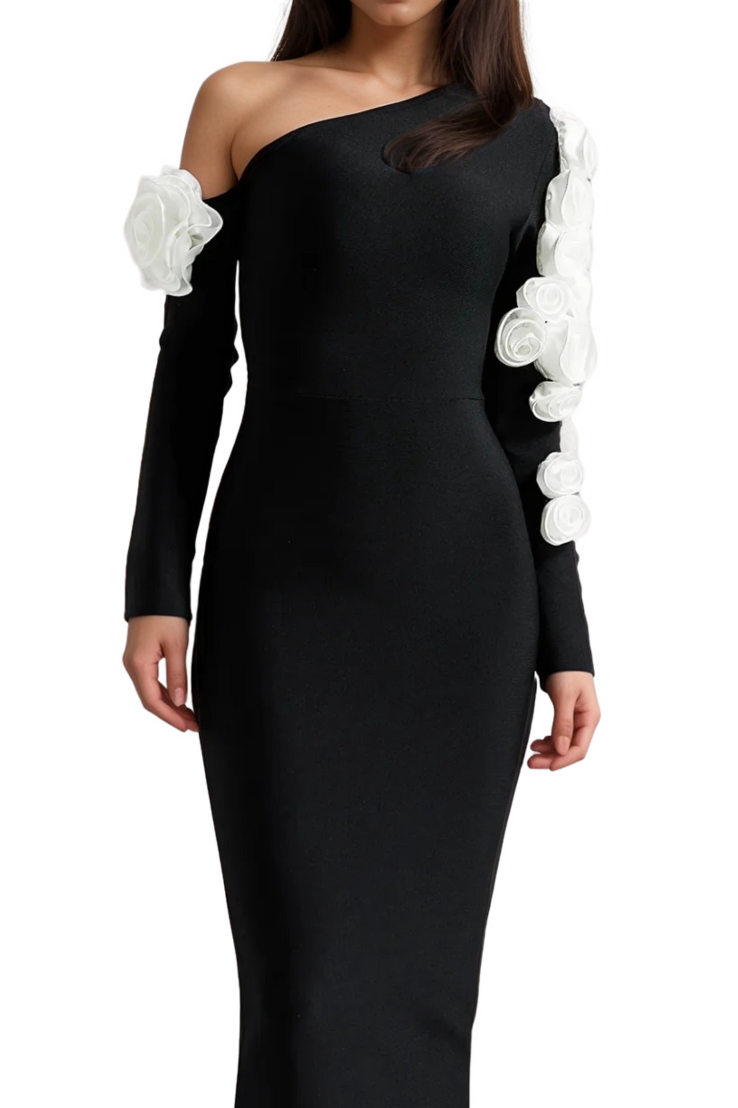 One Shoulder flower embellished Cutout Bandage Maxi Dress in black