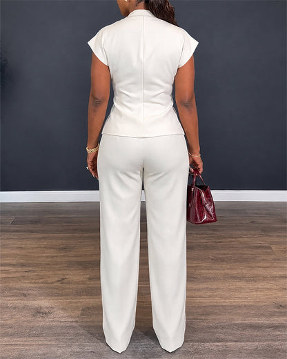 Women's 2 Piece Outfits V Neck Twist Front Slit Top and High Waisted Straight Leg Pants Set Commute Business Casual Suit
