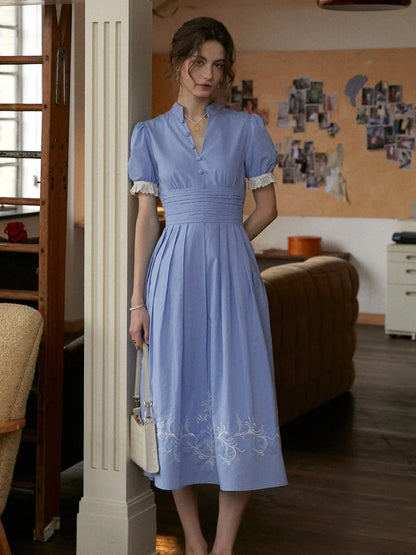Ocean V-Neck Puff Sleeves 100% Cotton Dress