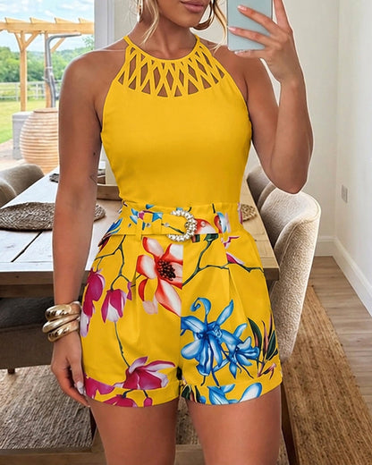 Women's Two Piece Shorts Set Hollow Out Halter Camisole Top and Floral High Waisted Cuffed Shorts with Belt