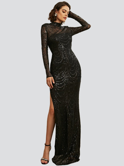 Luxurious Black Sequin Split Cocktail Dress