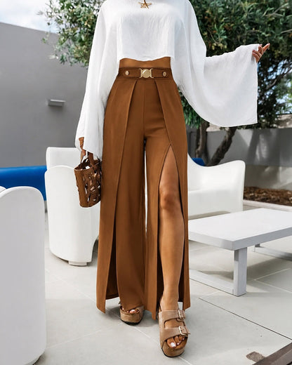 Women's High Waisted Wide Leg Pants Gold Hardware Front Overlapping Slit Loose Trousers with Pockets