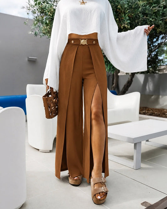 Women's High Waisted Wide Leg Pants Gold Hardware Front Overlapping Slit Loose Trousers with Pockets