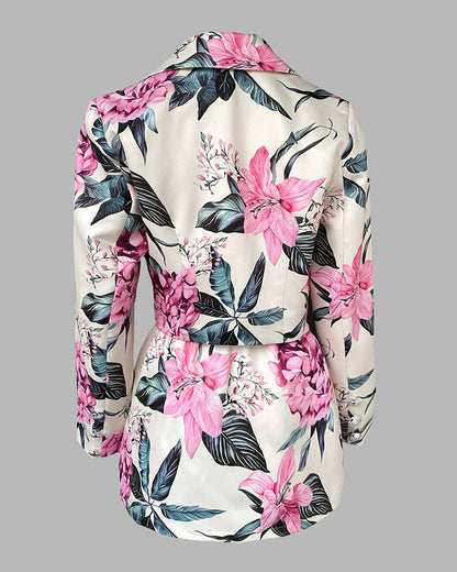 Women's 2 Piece Floral Outfits Double Breasted Cropped Blazer and High Waisted Skort Set Casual Suit Set