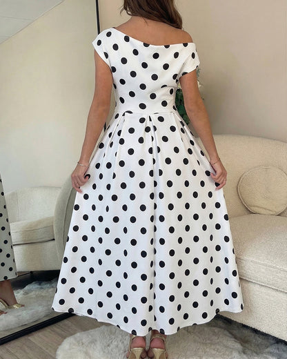 Women's Skew Neck Polka Dot Maxi Dress Ruched A-Line Swing Dress Elegant Party Cocktail Dress with Pockets