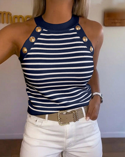 Women's Halter Neck Tank Top Striped Sleeveless Gold Button Contrast Binding Knit Top