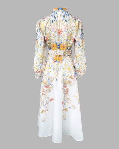 Lantern Sleeve Button Down Evening Dress Cinched Waist Vacation Dress with Belt