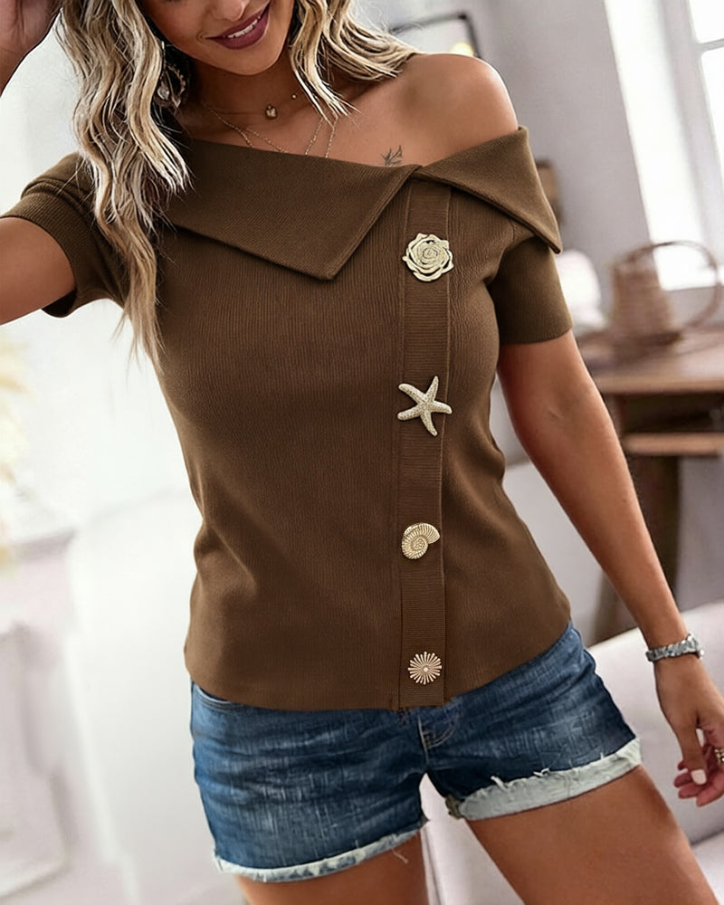 Women's Foldover Off Shoulder Rib-Knit Top Slim Fit Short Sleeve Tee with Gold Button Detail