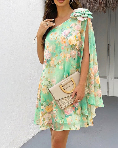 CHICME Women's Floral Print One-Shoulder Chiffon Dress 3D Floral Decor Split Sleeve Loose A-Line Mini Dress