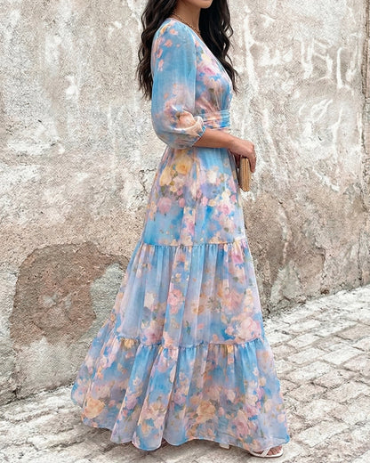 CHICME Women's Watercolor Floral V-Neck Shirred High Waist Maxi Dress Three Quarters Lantern Sleeve A-Line Ruffle Hem Chiffon Vacation Dress