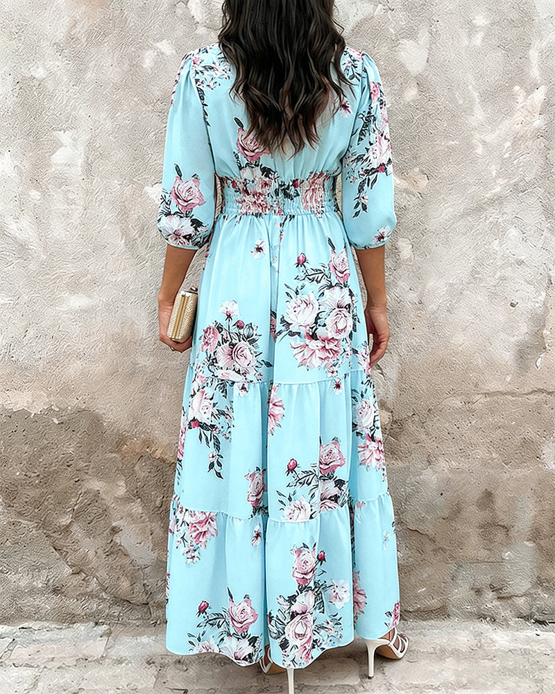 Women's Floral Print Ruffle Hem Maxi Dress V-Neck Three Quarters Sleeve Shirred Back A-Line Vacation Dress