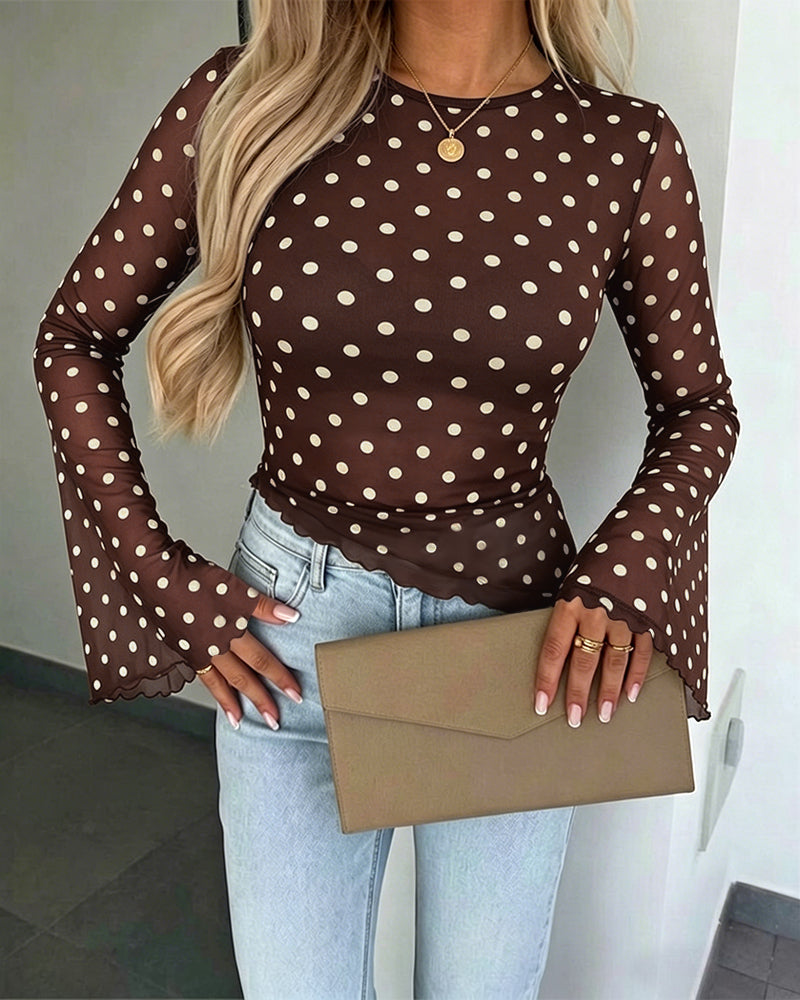 Women's Polka Dot Mesh Top Flare Long Sleeve Boat Neck Lined Asymmetric Frill Hem Blouse Vintage Party Shirt