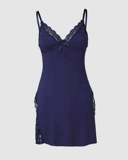 Lace Trim Adjustable Straps Side Slit Bowknot Decor Modal Cami Sleep Dress