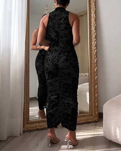 Women's Flocking Floral Mesh Midi Dress Mock Neck Sleeveless Ruched Bodycon Dress Sheer Overlay Cocktial Party Dress