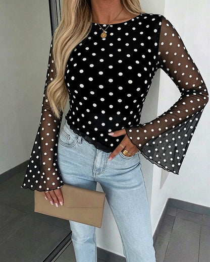 Women's Polka Dot Mesh Top Flare Long Sleeve Boat Neck Lined Asymmetric Frill Hem Blouse Vintage Party Shirt