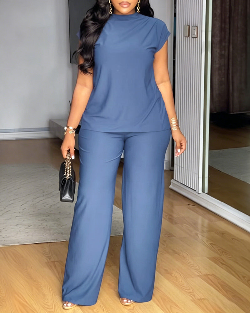 Women's 2 Piece Set Mock Neck Ruched Open Back Button Slit Top and Wide Leg Pants Casual Outfits with Pockets