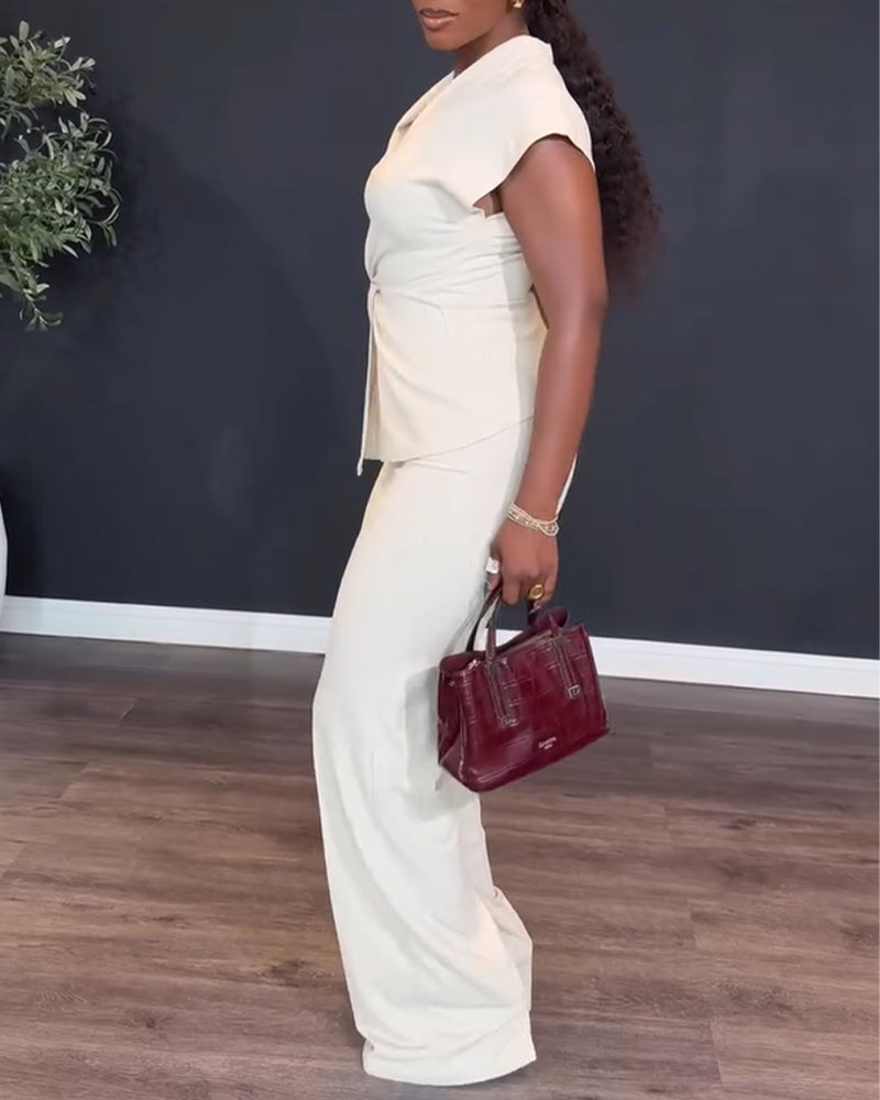Women's 2 Piece Outfits V Neck Twist Front Slit Top and High Waisted Straight Leg Pants Set Commute Business Casual Suit
