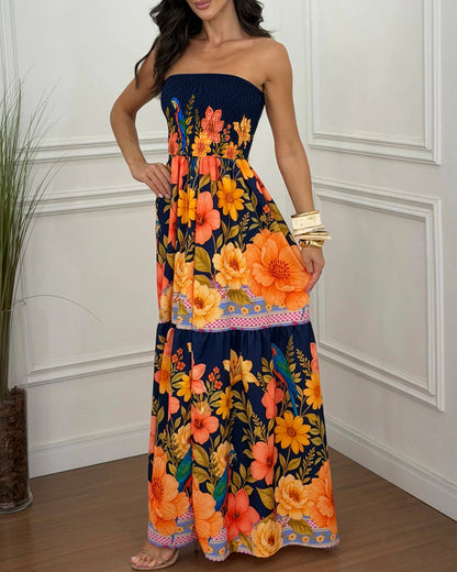 CHICME Women's Tropical Floral Print Bandeau Maxi Dress Shirred Ruffle Hem Vacation Dress with Pockets and Detachable Clear Straps