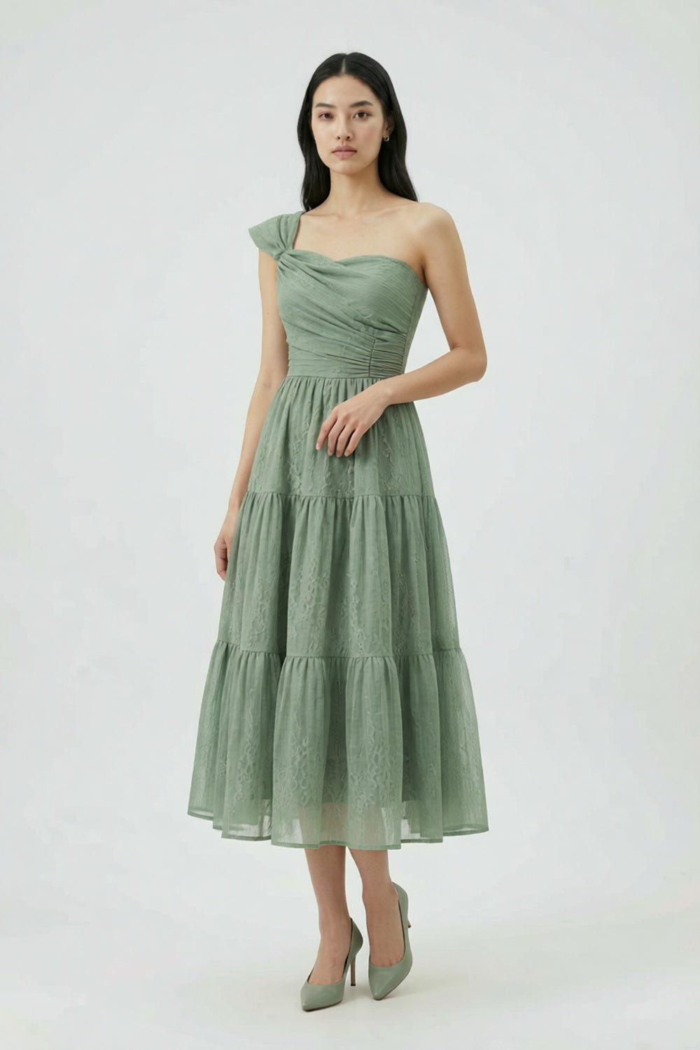 One-Shoulder Tiered Midi Dress in Sage Green cobalt accent matte satin or fine cotton sateen Blouse - product view 2
