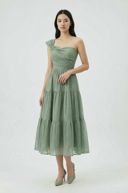 One-Shoulder Tiered Midi Dress in Sage Green cobalt accent matte satin or fine cotton sateen Blouse - product view 2