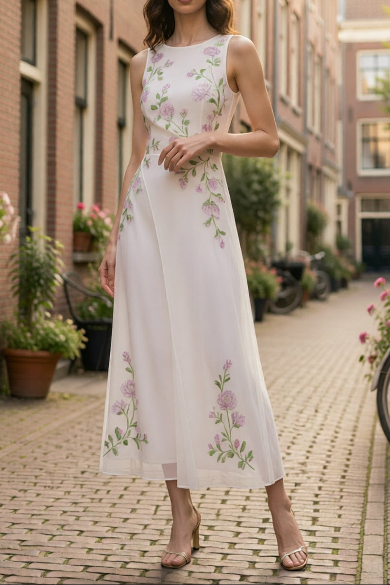 White Sleeveless Crew Neck Asymmetrical Purple Peony Floral Embroidery Sheer Chiffon Flowy Maxi Dress