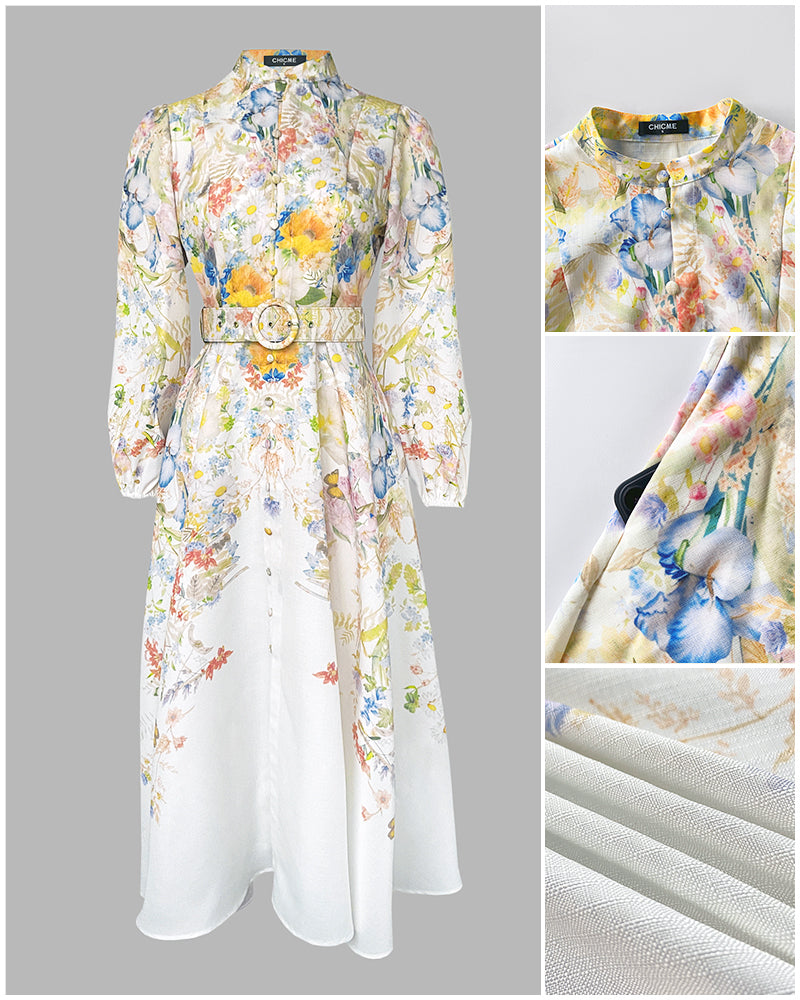 Lantern Sleeve Button Down Evening Dress Cinched Waist Vacation Dress with Belt