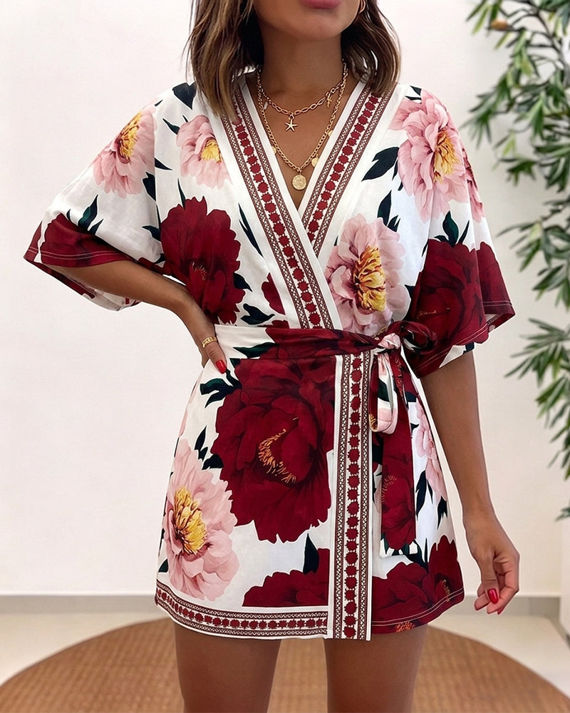 Women's Bohemian Floral Print V-Neck Romper Batwing Sleeve Wrap Knot Side High Waist Short Jumpsuit