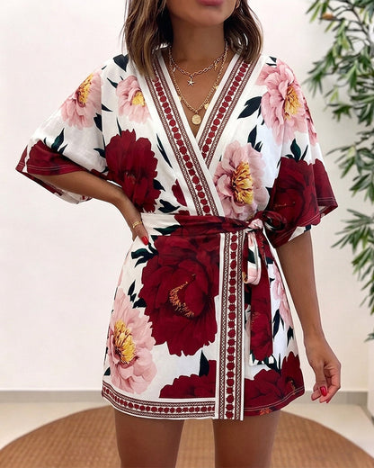Women's Bohemian Floral Print V-Neck Romper Batwing Sleeve Wrap Knot Side High Waist Short Jumpsuit