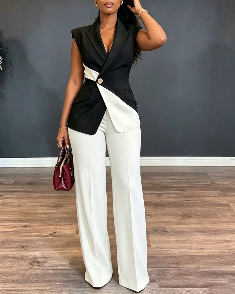 Women's Colorblock 2 Piece Suit Asymmetric Blazer Vest and High Waisted Straight Leg Pants Elegant Business Outfit