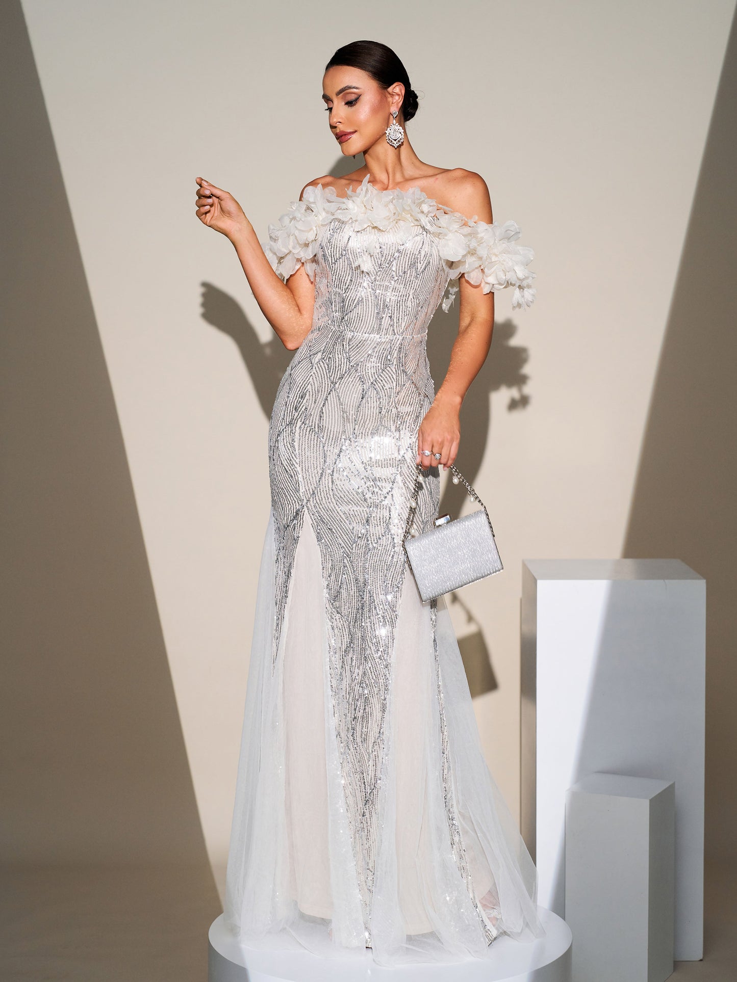 Off Shoulder Appliqued Sequin Mermaid Dress