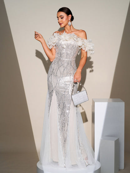 Off Shoulder Appliqued Sequin Mermaid Dress