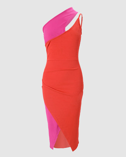 Women's Asymmetric One Shoulder Bodycon Dress Colorblock Cutout Adjustable Strap Wrap Slit Midi Dress