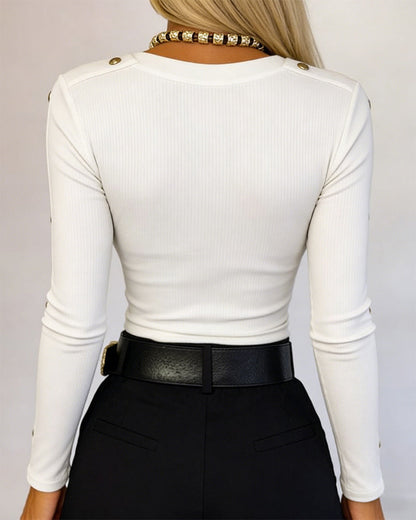 Women's Gold Studded Long Sleeve Rib-Knit T-Shirt Slim Fit Round Neck Top