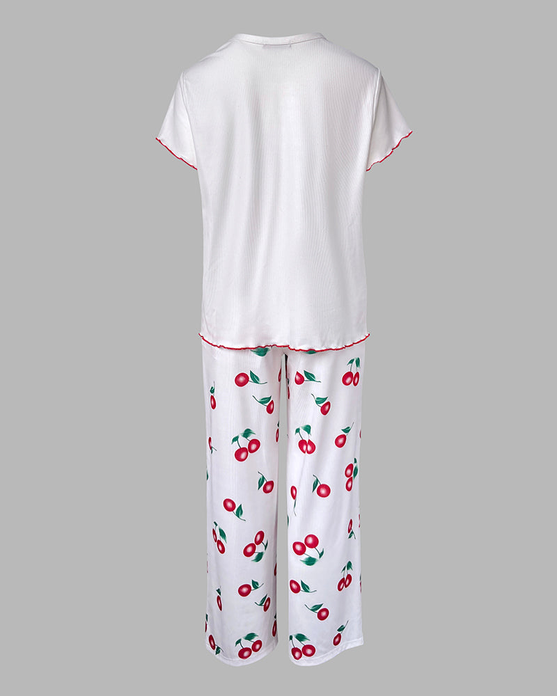 2 Pieces Outfit Letter & cherry Print Short Sleeve Frill Trim Top and Elastic Waist Pants Set Casual Ribbed Pajamas Set