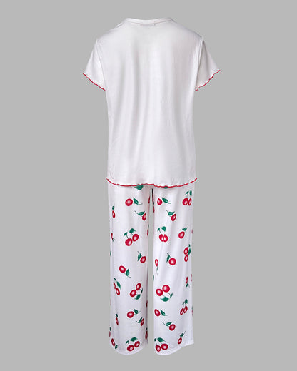 2 Pieces Outfit Letter & cherry Print Short Sleeve Frill Trim Top and Elastic Waist Pants Set Casual Ribbed Pajamas Set
