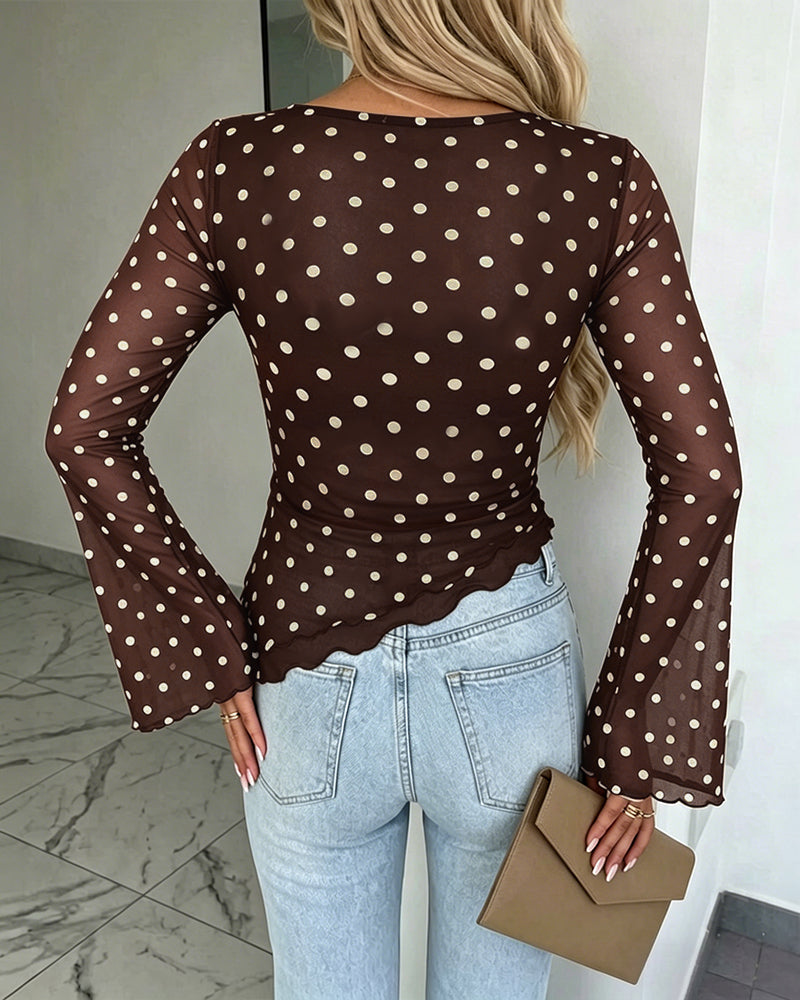 Women's Polka Dot Mesh Top Flare Long Sleeve Boat Neck Lined Asymmetric Frill Hem Blouse Vintage Party Shirt