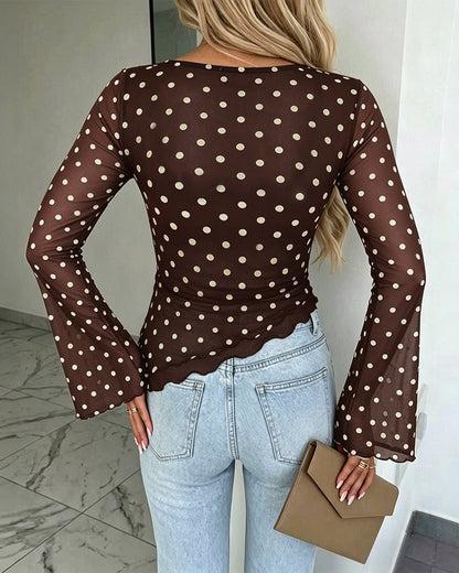 Women's Polka Dot Mesh Top Flare Long Sleeve Boat Neck Lined Asymmetric Frill Hem Blouse Vintage Party Shirt