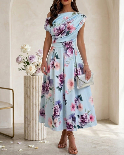 Women's Skew Neck Midi Dress Elegant Ruched Floral A-Line Dress High Waisted Vacation Dress with Pockets