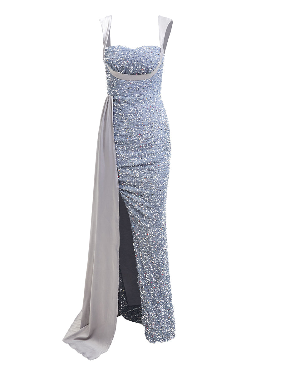 Ribbon Corset Sequin Maxi Prom Dress