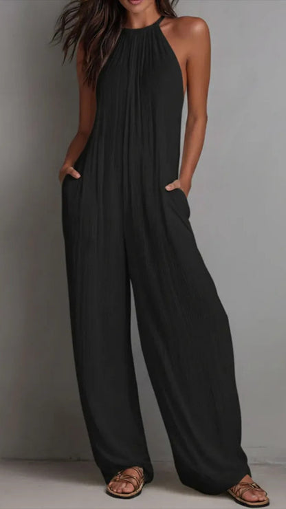 Women Minimalist Halter-neck Loose Cotton-linen Jumpsuit