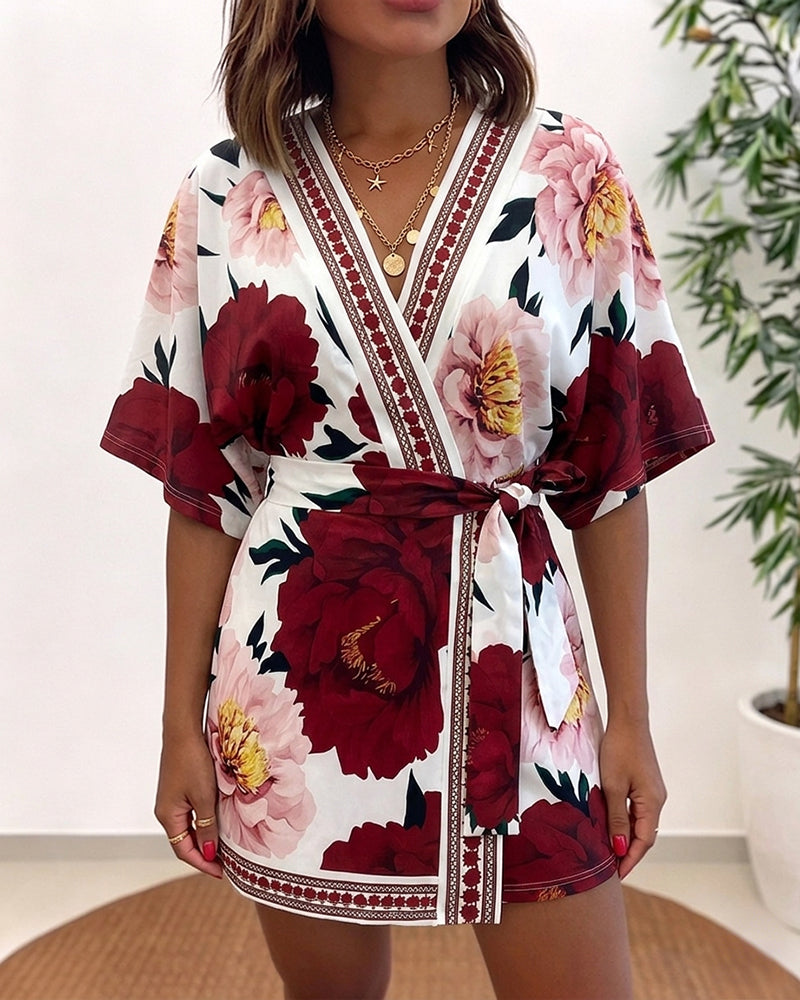 Women's Bohemian Floral Print V-Neck Romper Batwing Sleeve Wrap Knot Side High Waist Short Jumpsuit