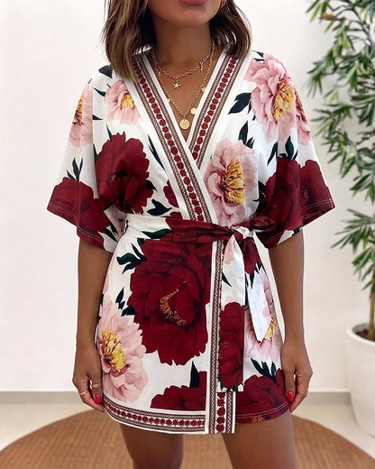 Women's Bohemian Floral Print V-Neck Romper Batwing Sleeve Wrap Knot Side High Waist Short Jumpsuit