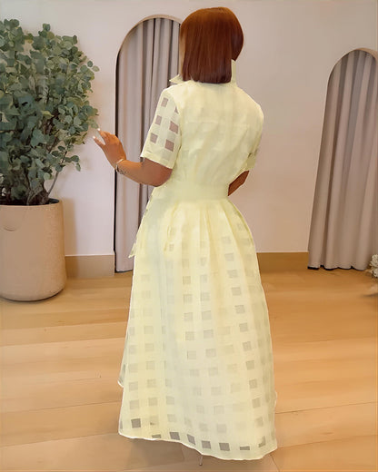 Women's Sheer Plaid Maxi Dress Short Sleeve Double Layer Swing Vacation Dress Elegant Flowy A Line Dress with Belt