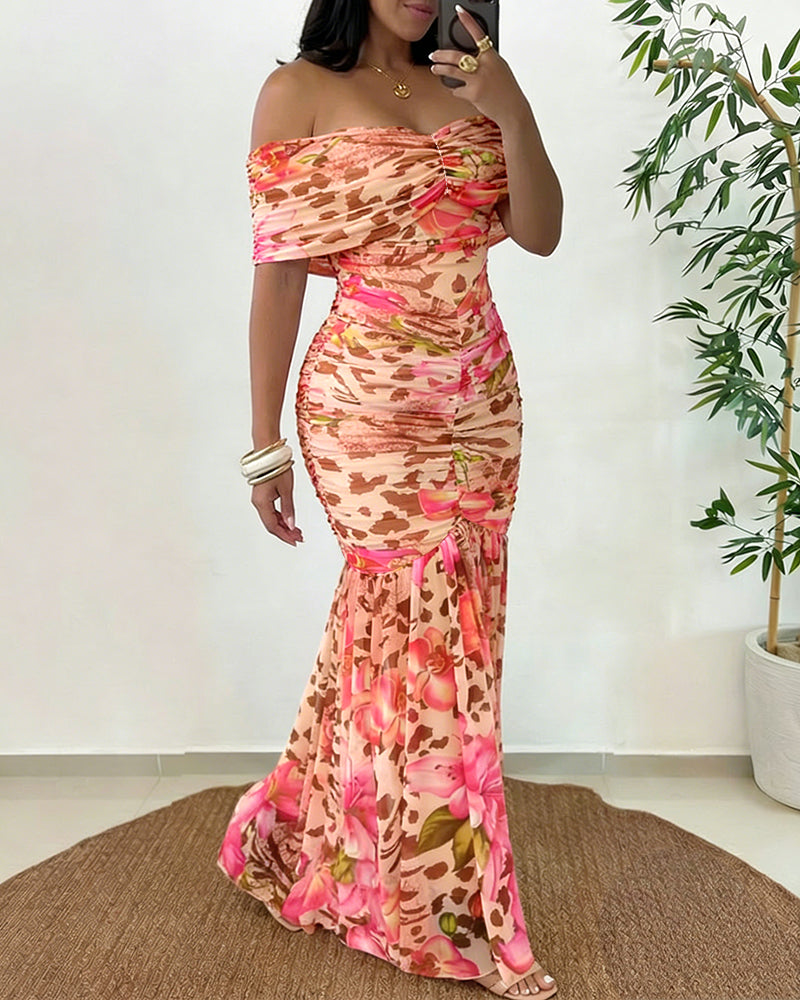 Women's Foldover Off Shoulder Mermaid Dress Ruched Bodycon Leopard Floral Maxi Dress Sexy Tropical Vacation Dress