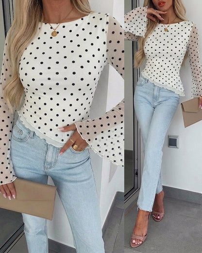 Women's Polka Dot Mesh Top Flare Long Sleeve Boat Neck Lined Asymmetric Frill Hem Blouse Vintage Party Shirt