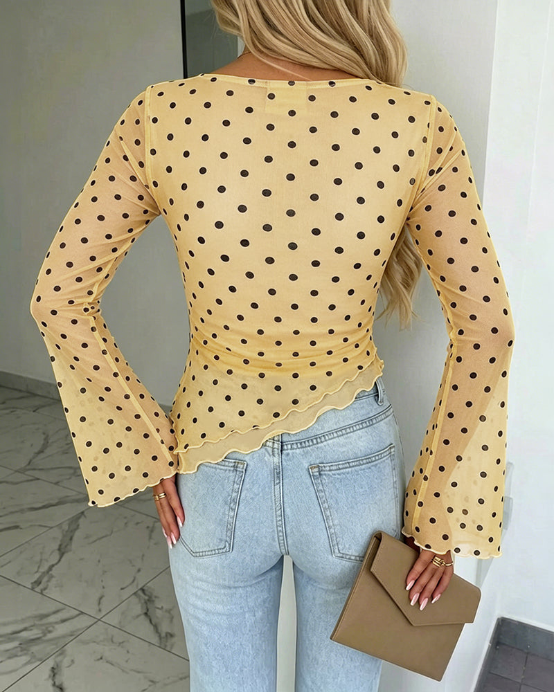 Women's Polka Dot Mesh Top Flare Long Sleeve Boat Neck Lined Asymmetric Frill Hem Blouse Vintage Party Shirt