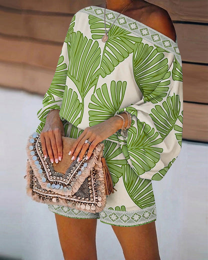 Women's Tropical Leaf Print 2 Piece Set Skew Neck Lantern Sleeve Top and Elastic Waist Shorts with Pockets & Lace
