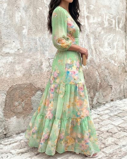 CHICME Women's Watercolor Floral V-Neck Shirred High Waist Maxi Dress Three Quarters Lantern Sleeve A-Line Ruffle Hem Chiffon Vacation Dress